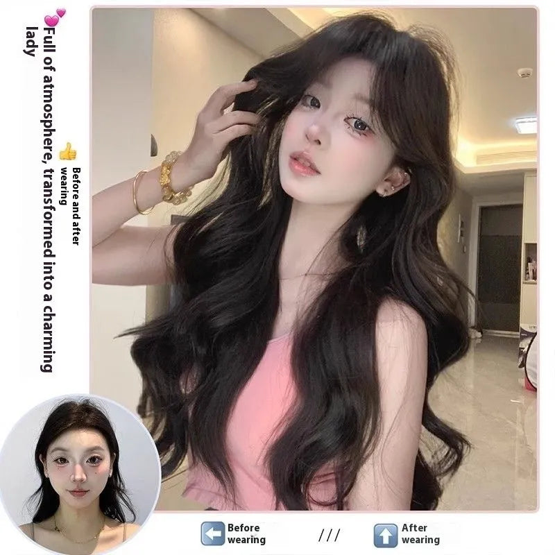 Seamless ultra-thin breathable 65cm big wave natural black wig for ladies, high-temperature fiber hair replacement
