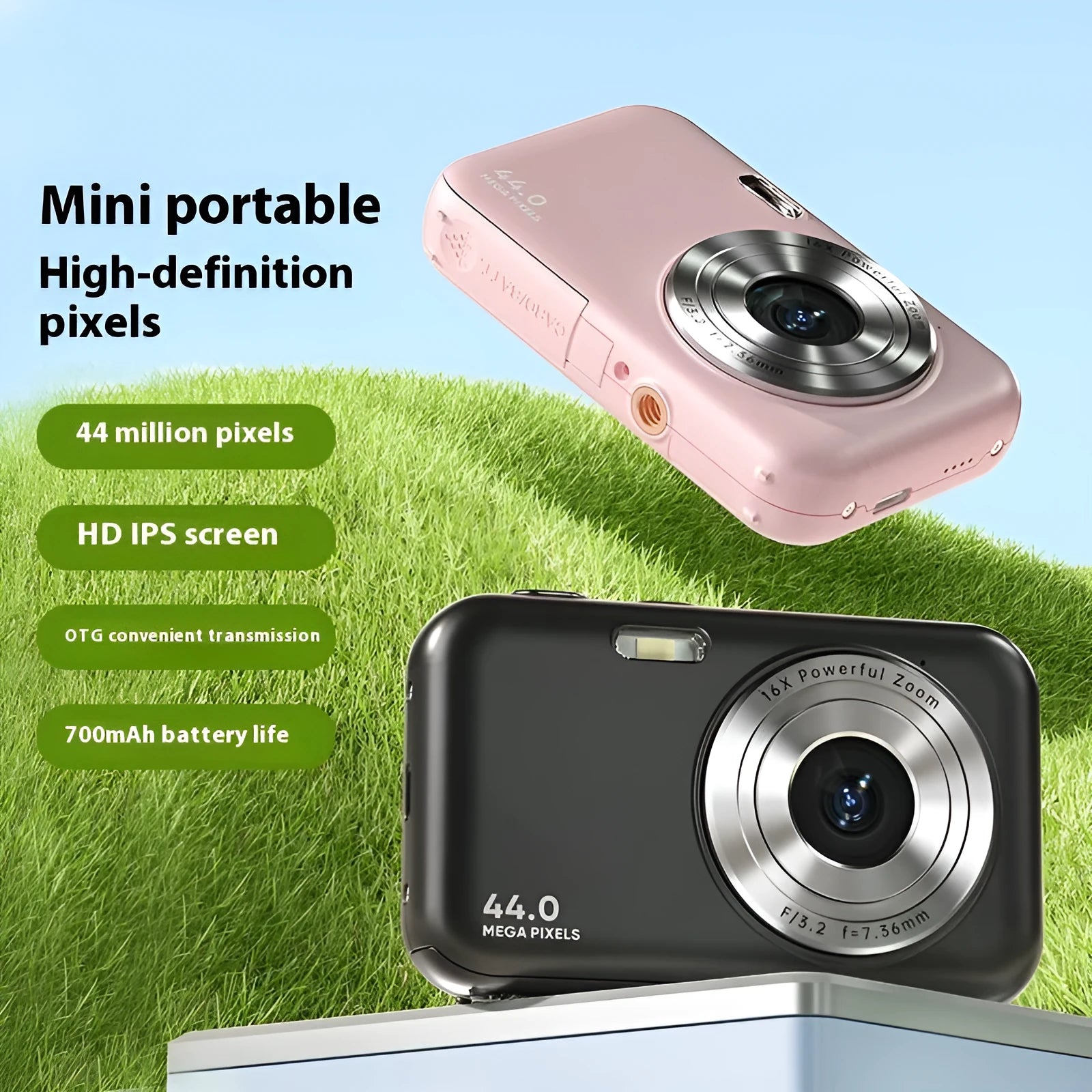 Children's digital camera in purple with a 2.4-inch screen shown displaying a photo.