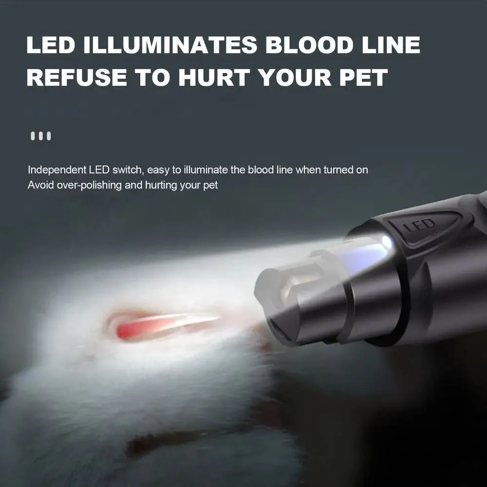 Black rechargeable dog nail grinder with LED light, shown with its 2-speed settings.