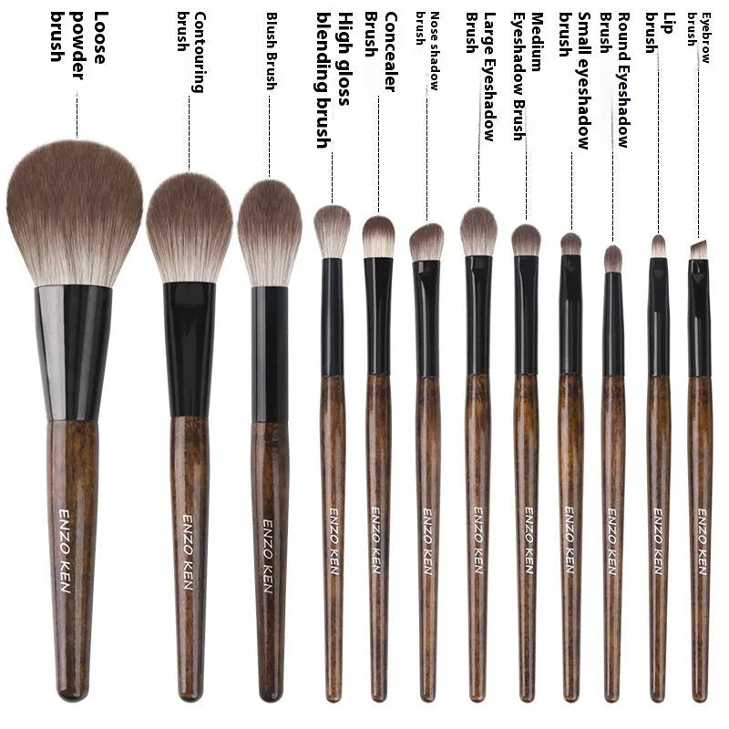 12-piece makeup brush set with wooden handles in PU roll case