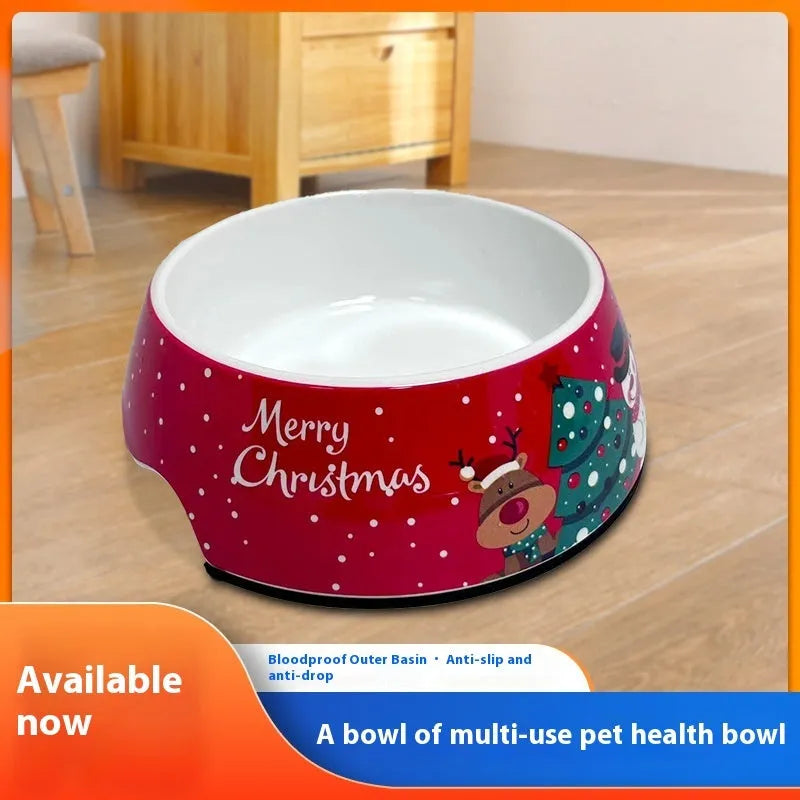 Red Christmas pet bowl with melamine construction and stainless steel double-layer base