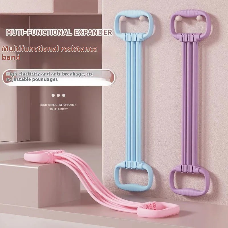 Adjustable chest expander pulling rope in blue, pink, or purple colours with six resistance levels