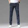 Men's straight-leg casual jeans in dark blue, showing multi pockets and mid waist fit