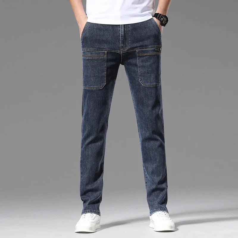 Men's straight-leg casual jeans in dark blue, showing multi pockets and mid waist fit