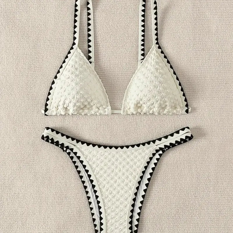 Women's white or blue polyester bikini swimsuit in European and American sizes for swimming