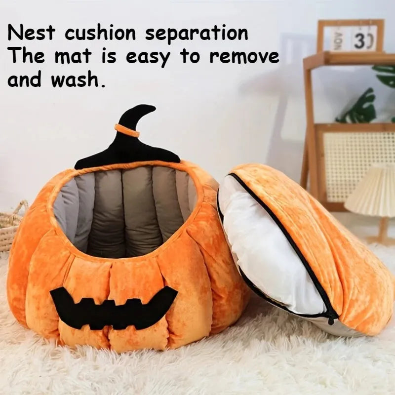 Halloween-themed orange pumpkin-shaped soft plush bed for a cat or small dog, featuring a cartoon devil design.
