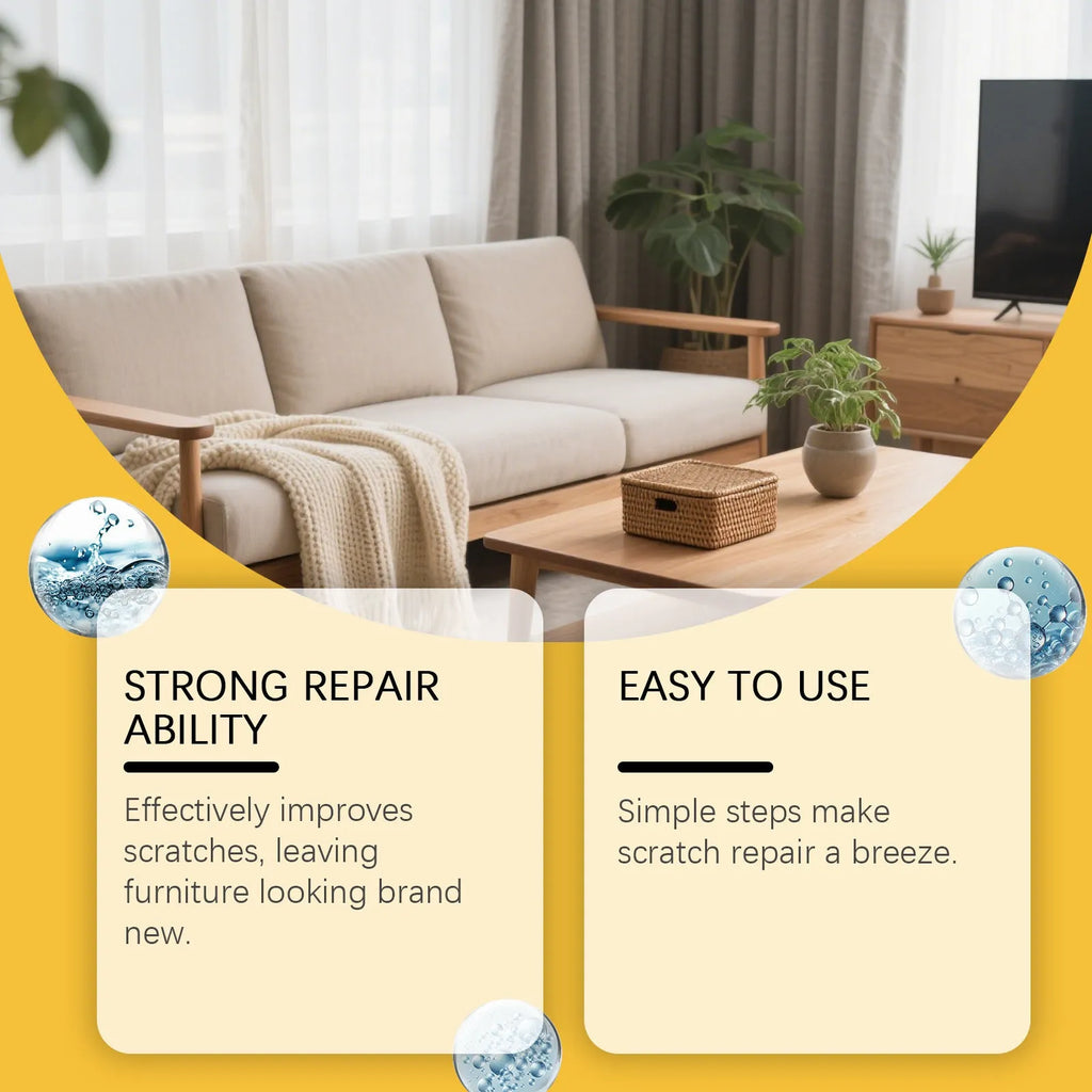 100ml bottle of wooden furniture scratch care agent with a microfibre towel on a wooden table.
