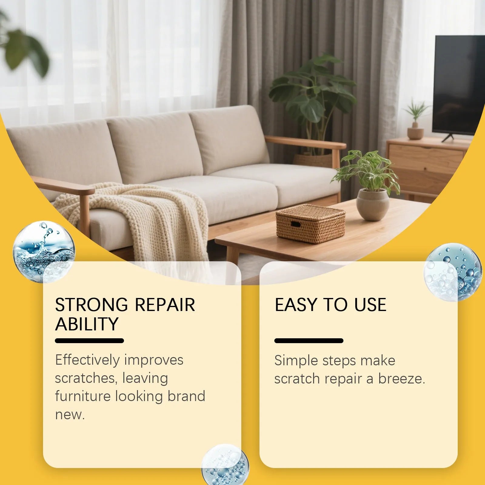 100ml bottle of wooden furniture scratch care agent with a microfibre towel on a wooden table.