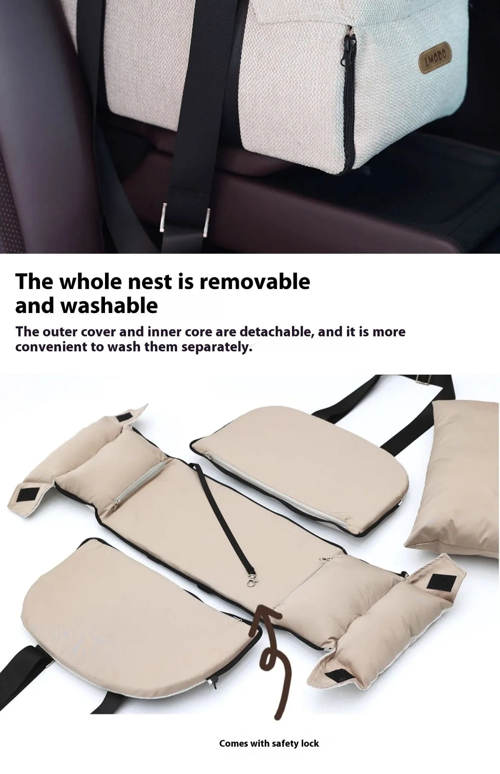 Beige white dual-use pet car nest and diaper bag with removable pillow for small dogs and cats.