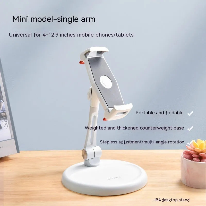 Foldable lifting bracket for mobile phone and tablet in White Extended on a desk