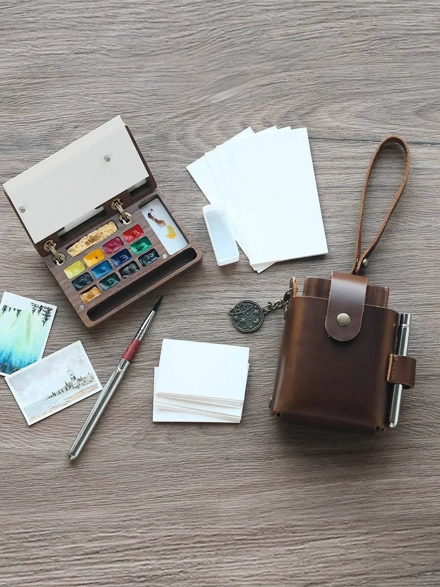 Miniature walnut wood watercolour paint box with a choice of paint suit colour lids.