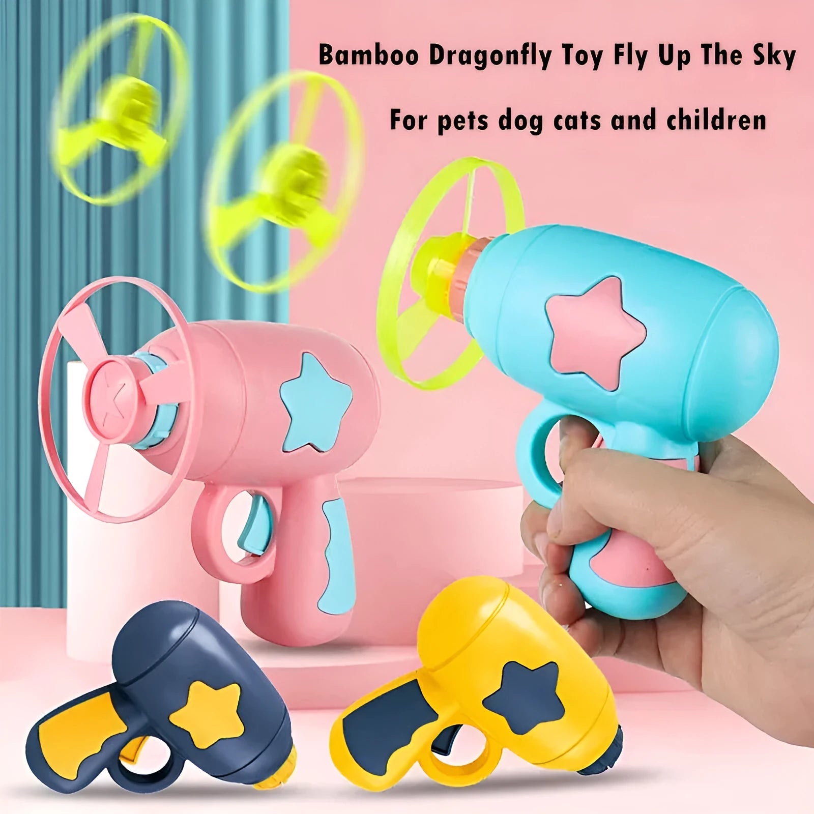 LED light dragonfly flying disc launcher toy set with blue launcher and colourful discs