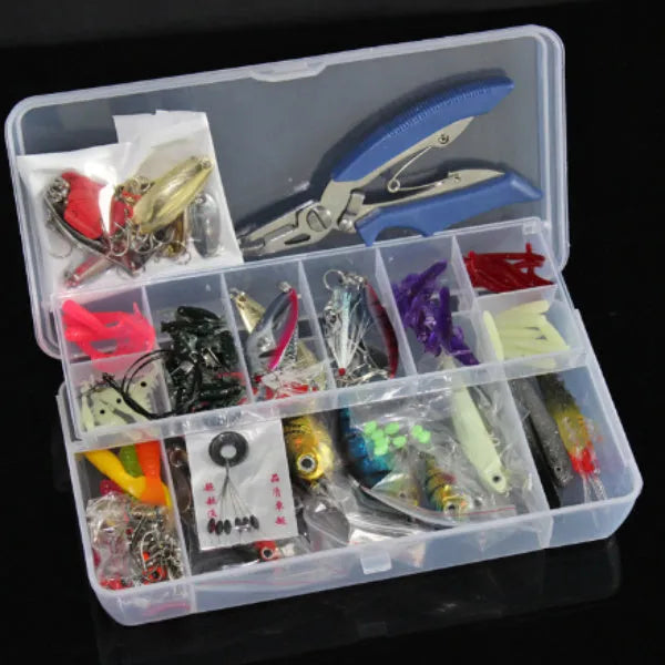 Rose red 132-piece plastic and high-carbon steel fishing lure set in a compact case.