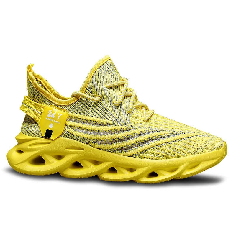 Men's blue mesh casual sneakers with platform sole and stitching details