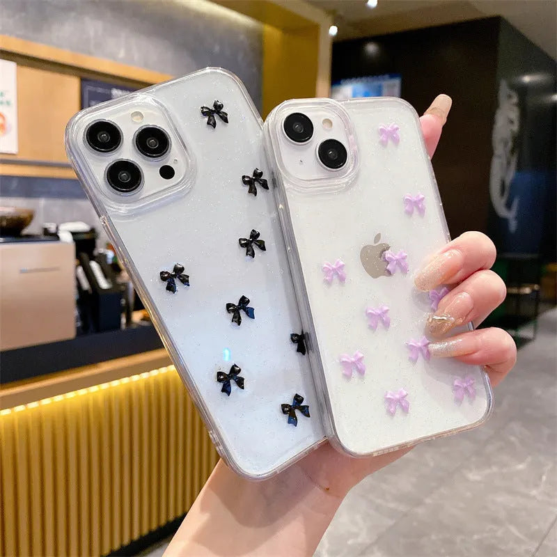 Epoxy glitter bow silicone phone case for iPhone 16 Pro Max in white
