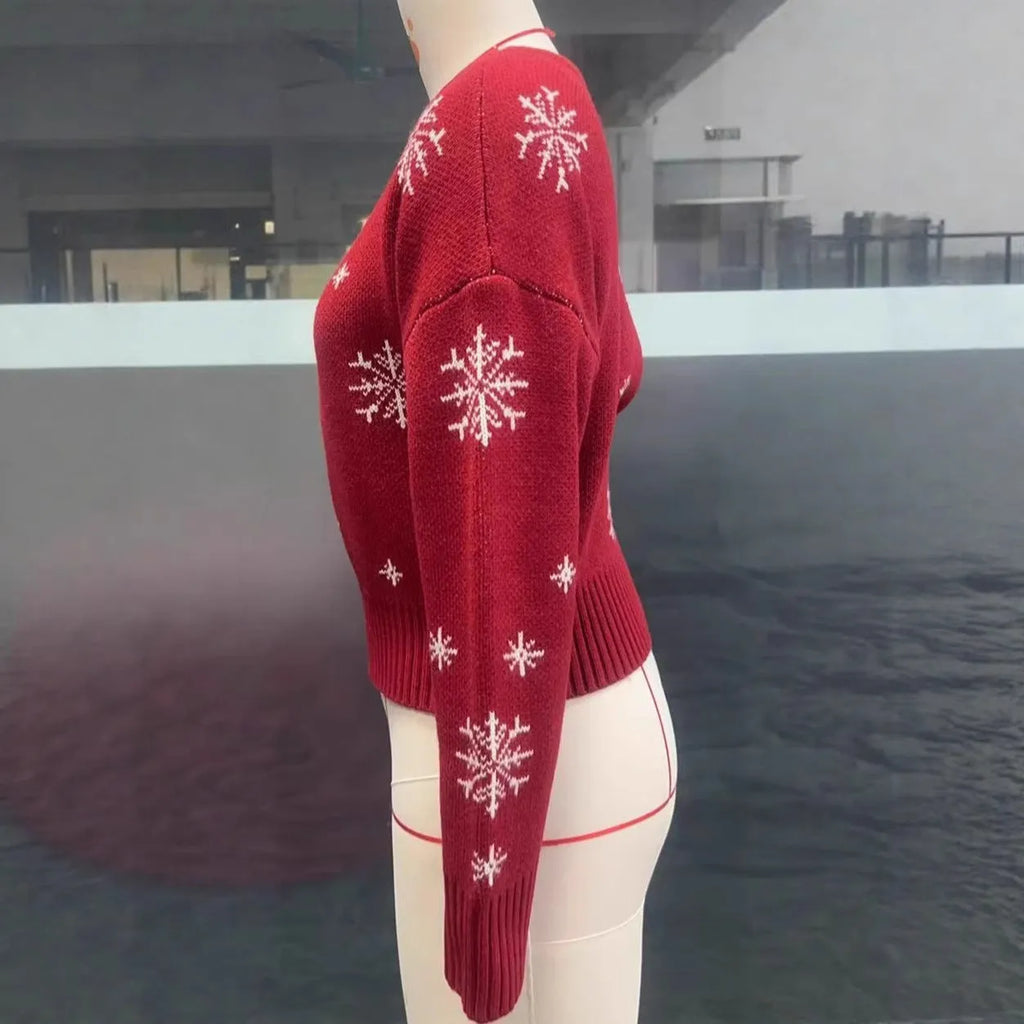 Women's red snowflake jacquard boat neck pullover Christmas sweater with crocheted flowers