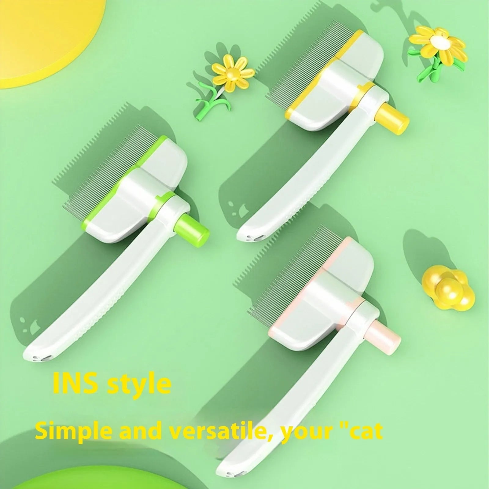 Plastic self-cleaning cat comb with floating teeth for removing loose hair from long-haired pets