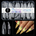 Pack of clear glitter nail extension tips showing 3D diamond design in various colours.