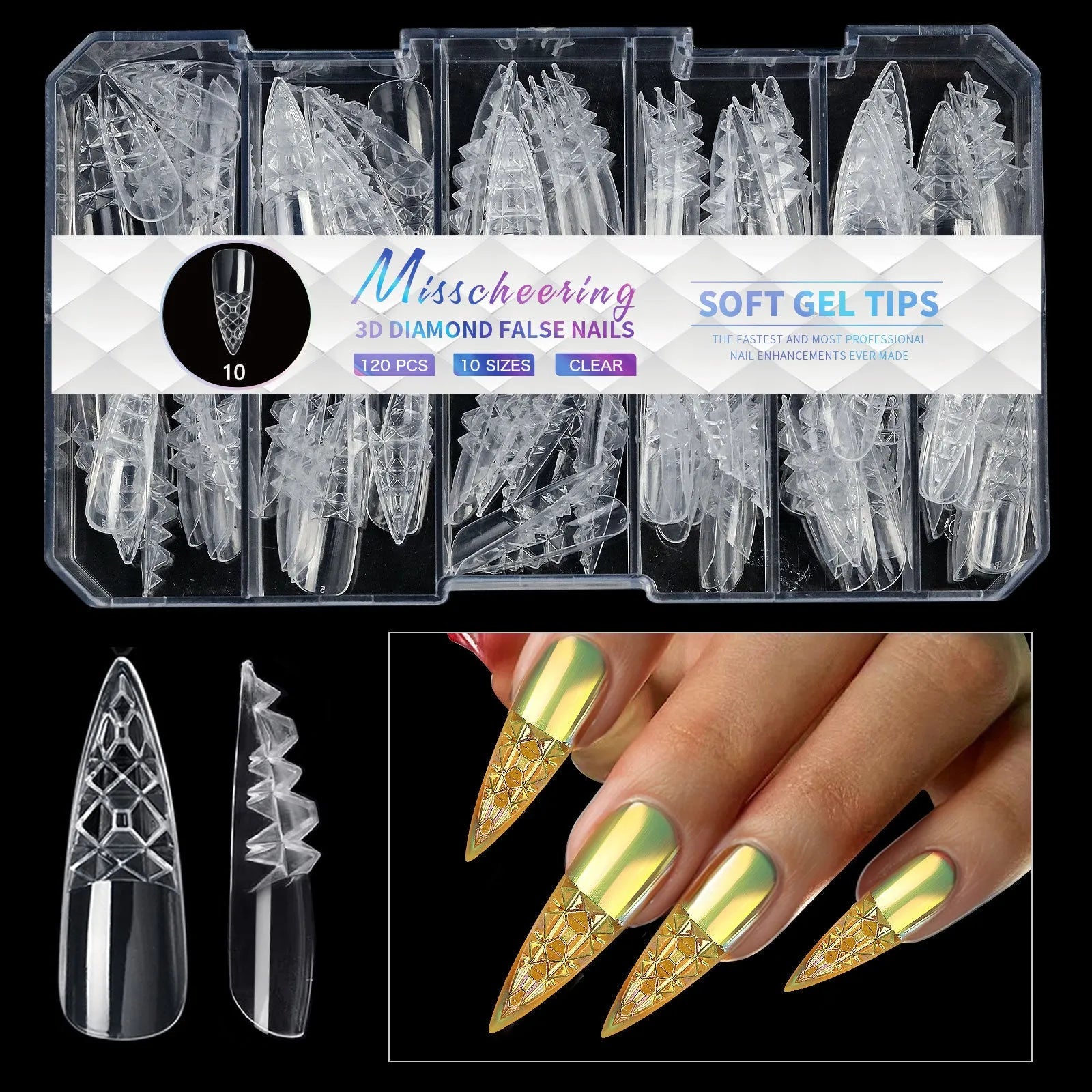 Pack of clear glitter nail extension tips showing 3D diamond design in various colours.