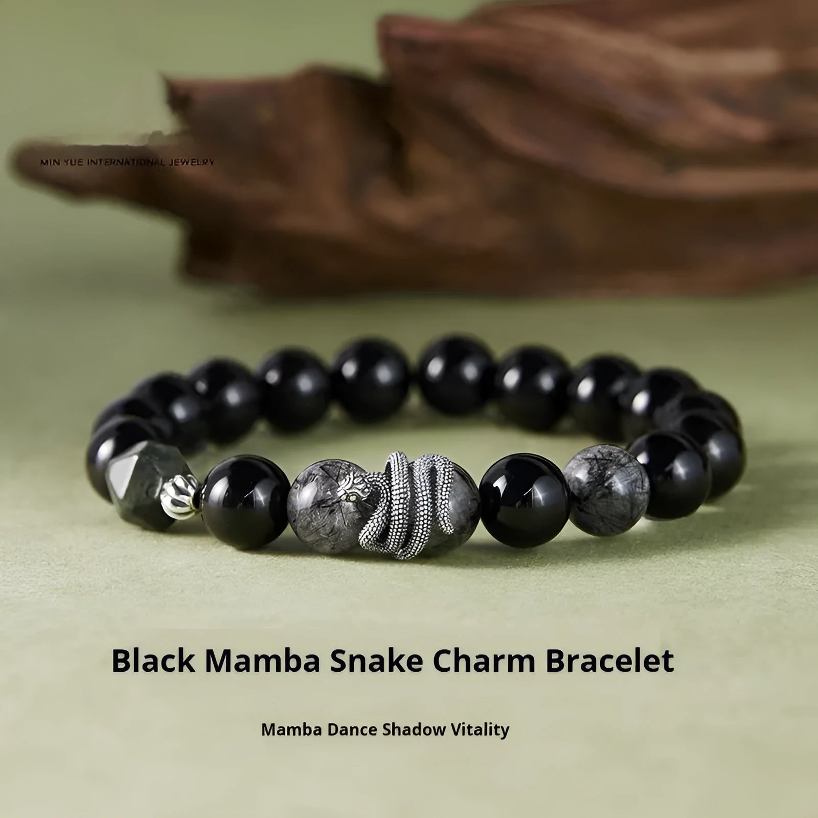 Men's S925 sterling silver bracelet with obsidian stone and retro snake design