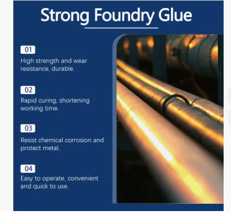 85ml two-part epoxy metal casting glue sealant kit with resin, hardener, push rod, scraper, and sandpaper.