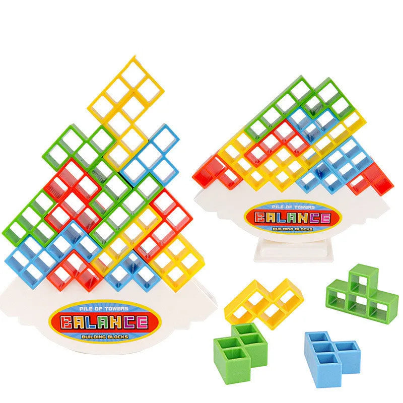 Plastic balance stacking game with coloured blocks, chassis and base for kids and adults