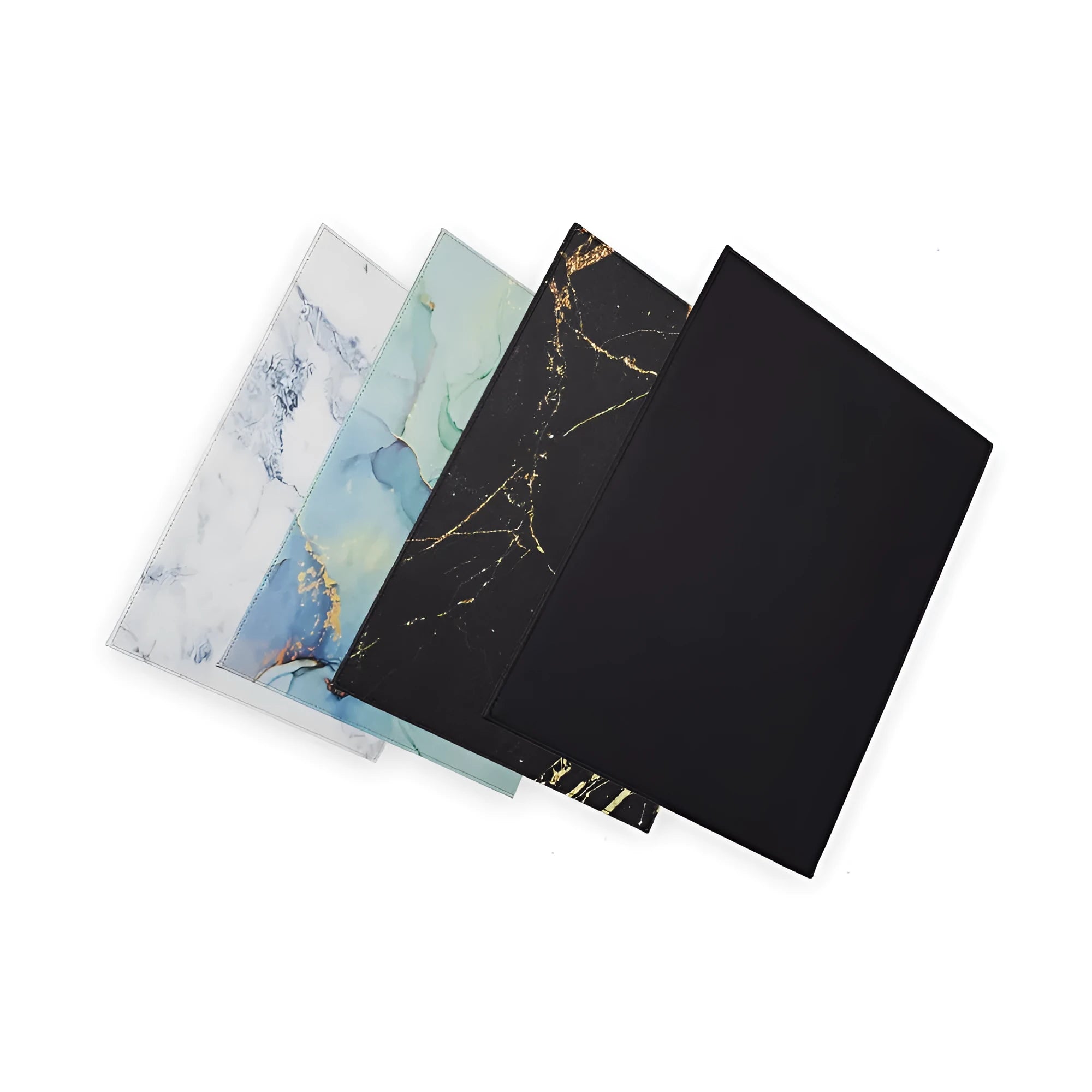 Durable tablet pad for printing in black, blue, green, and black gold colour options on a desk.