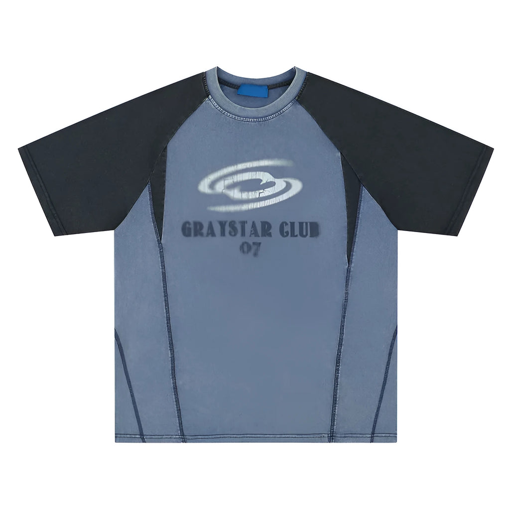 Men's blue hip hop letter print raglan sleeve T-shirt on hanger showing front graphic and sleeve detail