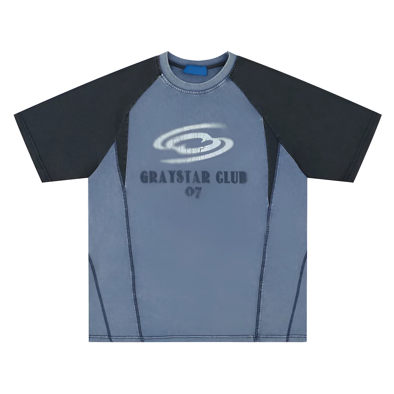 Men's blue hip hop letter print raglan sleeve T-shirt on hanger showing front graphic and sleeve detail
