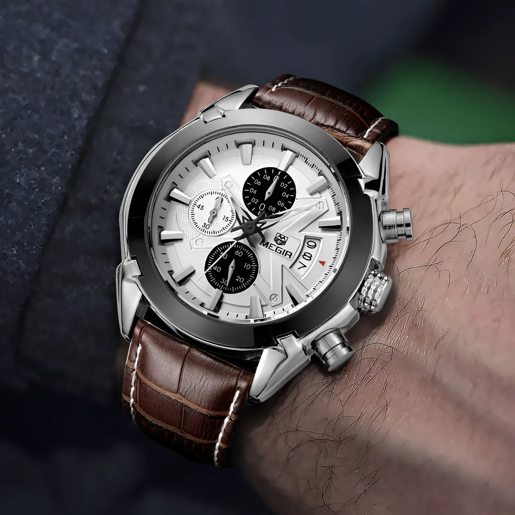 Men's brown and white multifunction quartz watch showing three subdials and luminous hands on a 15mm thick case.