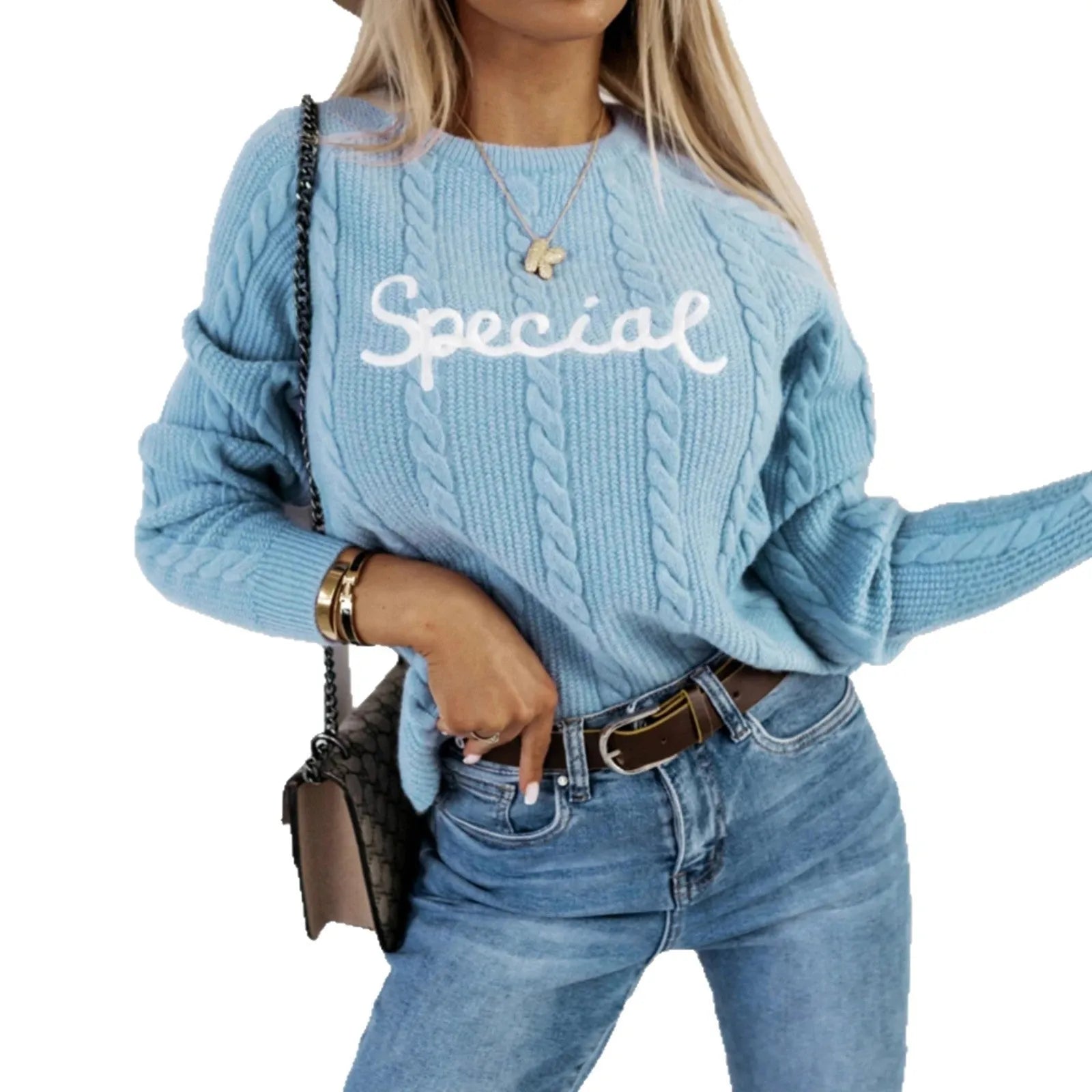 Blue crew neck pullover sweater with white embroidered letters and numbers on the chest