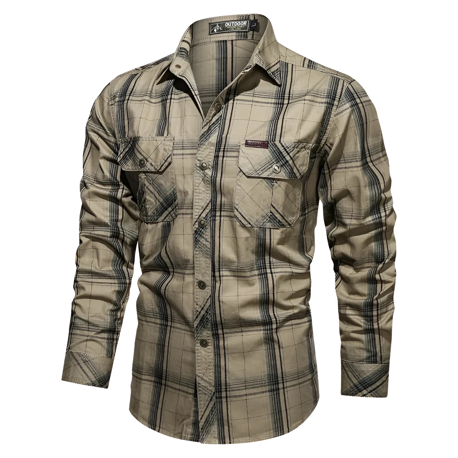 Men's long-sleeved cotton striped shirt in green, shown as a cardigan for spring and autumn casual wear