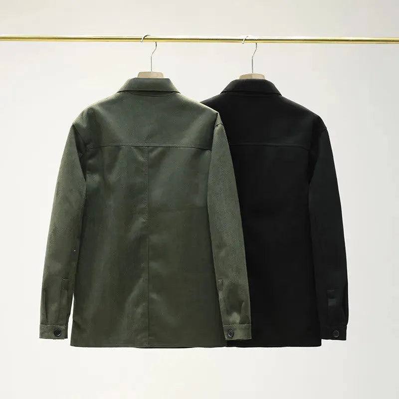 New men's loose lapel long sleeve shirt in black, thin polyester silk fabric, sizes S to XL