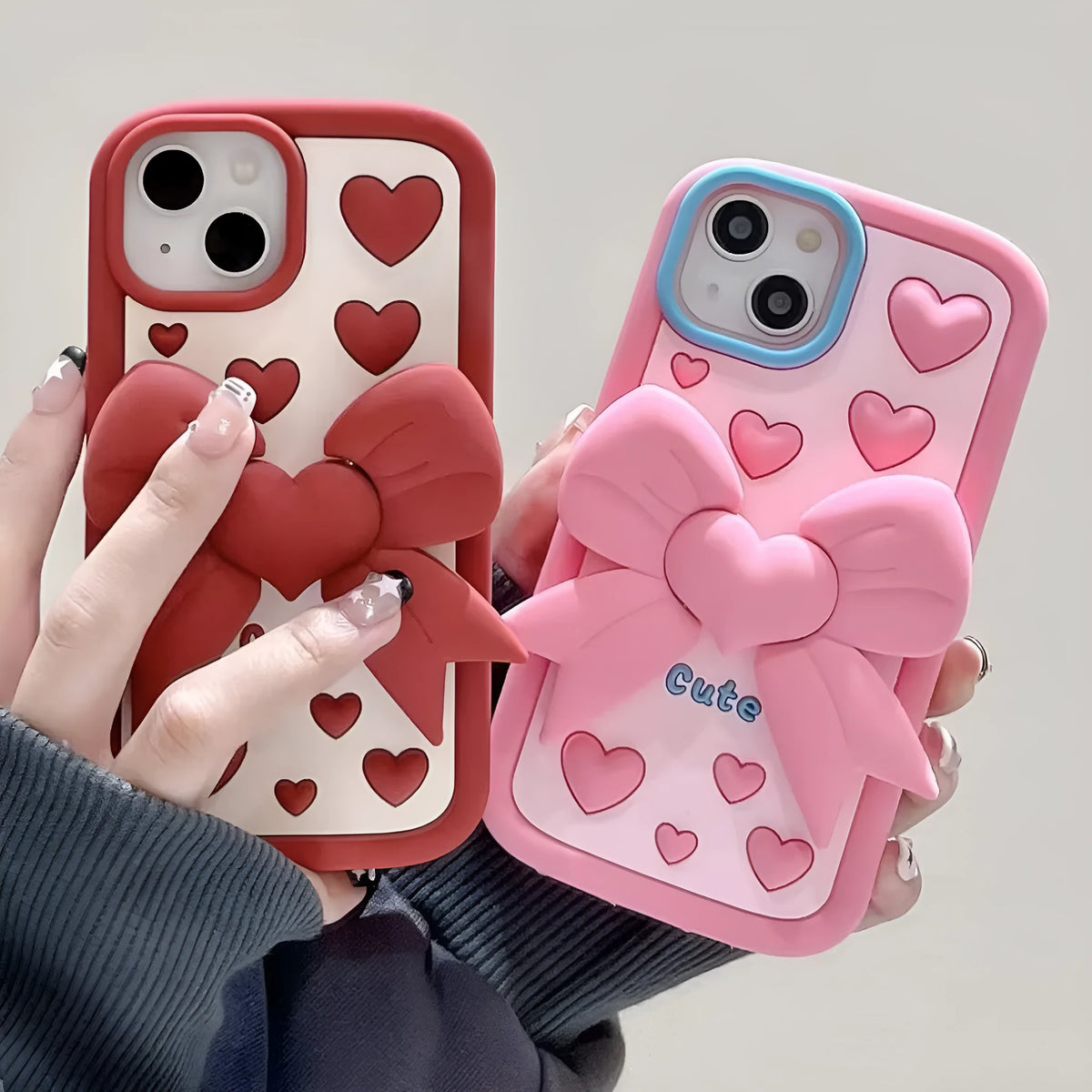 Pink 3D bow heart silicone phone case with hidden holder on iPhone, matte finish, Japanese Korean style design