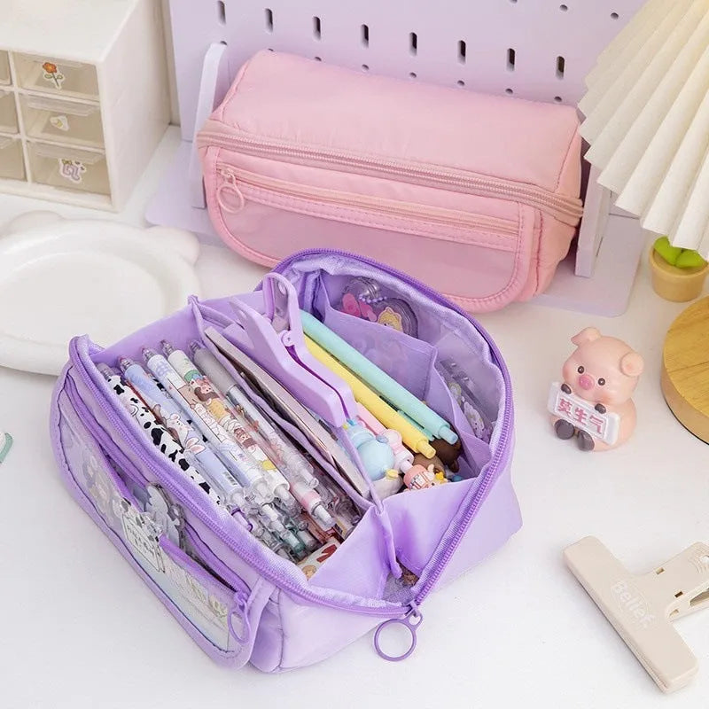 Ten-layer flip pencil case in canvas material showing multiple compartments in a choice of six colours.