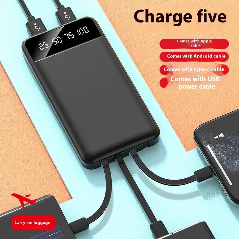 Black white red 20000mAh power bank with optional charging cable showing compact dimensions