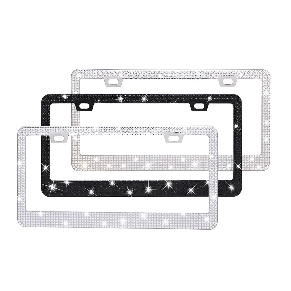 Stick-on stainless steel license plate frame with acrylic diamond crystals in a square hole pattern.