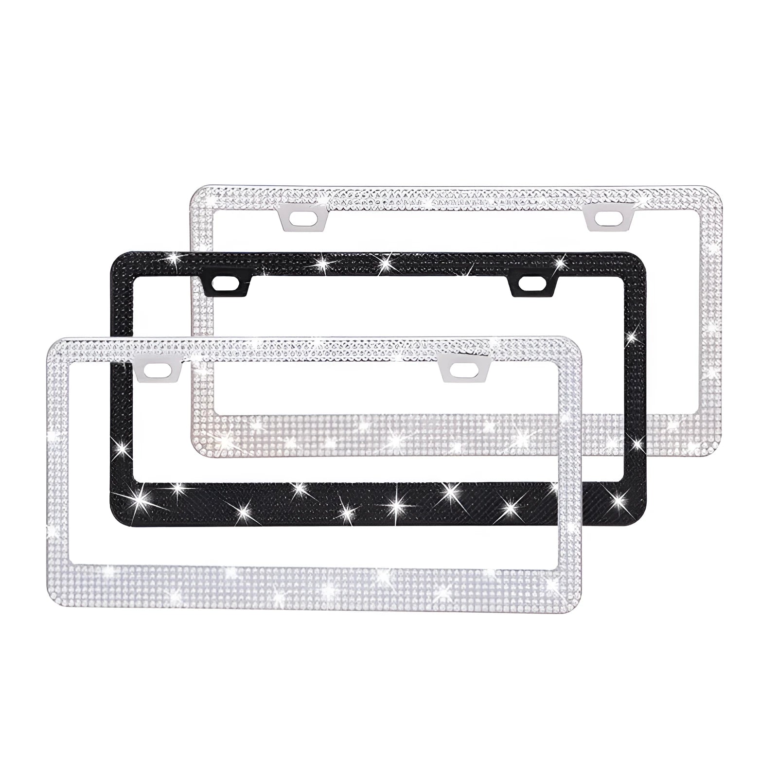 Stick-on stainless steel license plate frame with acrylic diamond crystals in a square hole pattern.