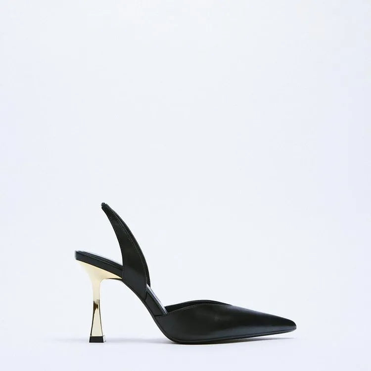 Women's apricot patent leather pointed high heel court shoes on a white background.