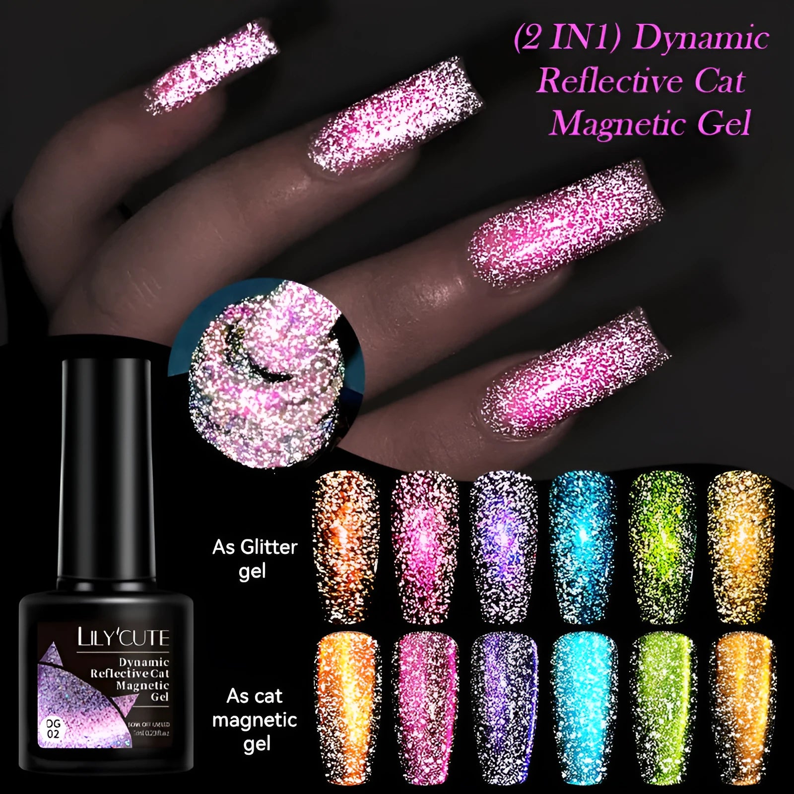 Diamond In The Debris cat eye UV gel nail polish in six colour styles with glitter and diamond fragments