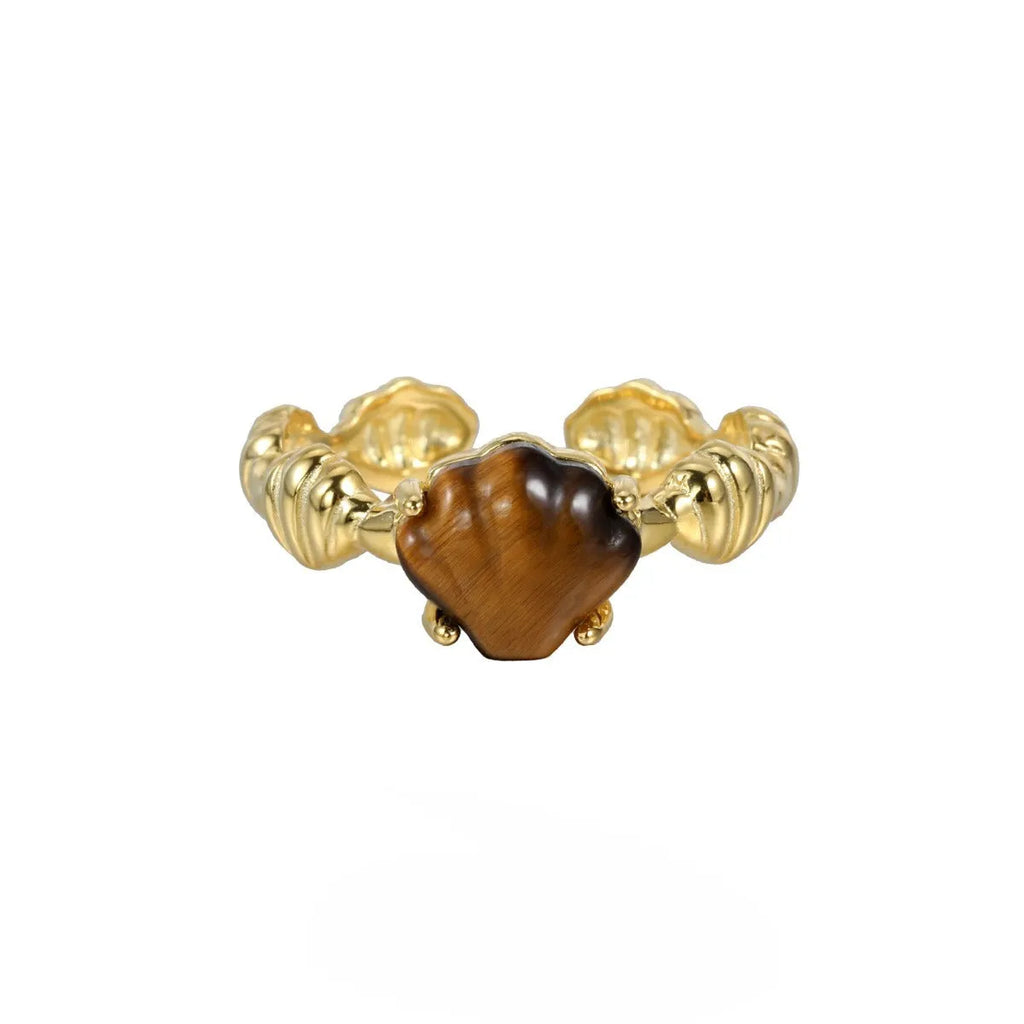 Adjustable silver ring with a white shell and tiger eye stone, featuring an electroplated gold finish.