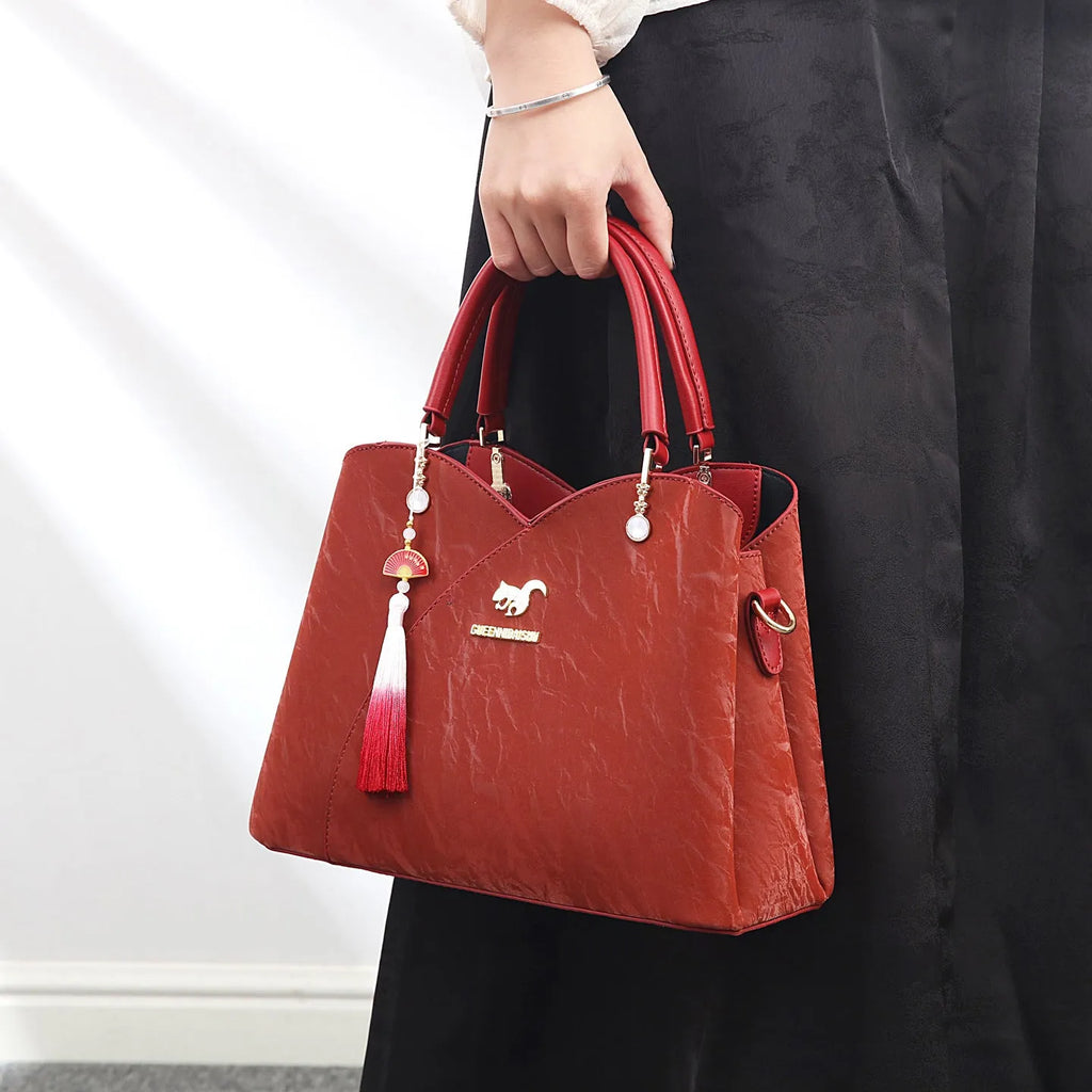Women's ethnic style soft PU messenger bag in horizontal square shape with sewing thread detailing