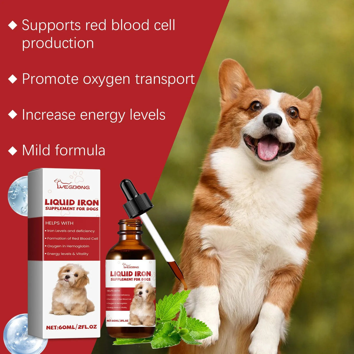 60ml pet dog syrup bottle with mint extract, purified water, and erythritol, measuring 3.3cm x 12cm
