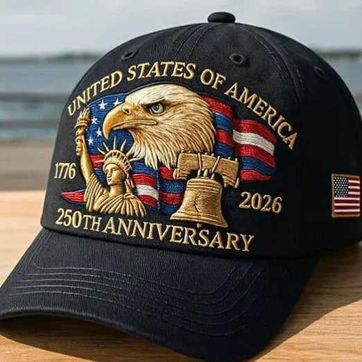 Machine-embroidered American eagle head on a cotton dome crown baseball cap in 250th anniversary colours