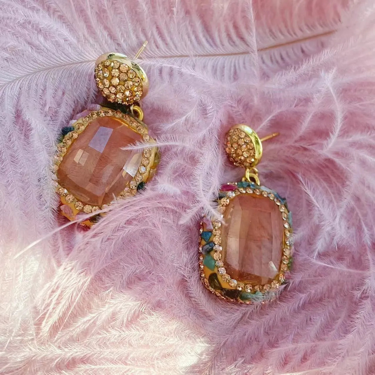 Crystal personality yet elegant earrings for women, geometric alloy with pure natural stone row drilling, stud and hook styles