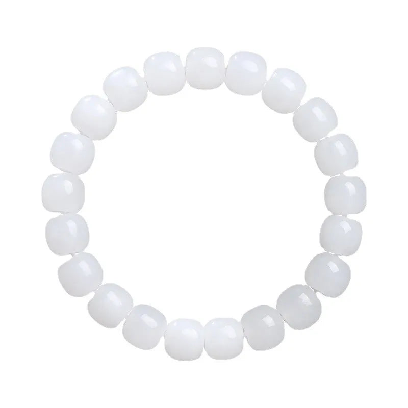 A white Hetian jade barrel bead bracelet showing three size options on a neutral background.