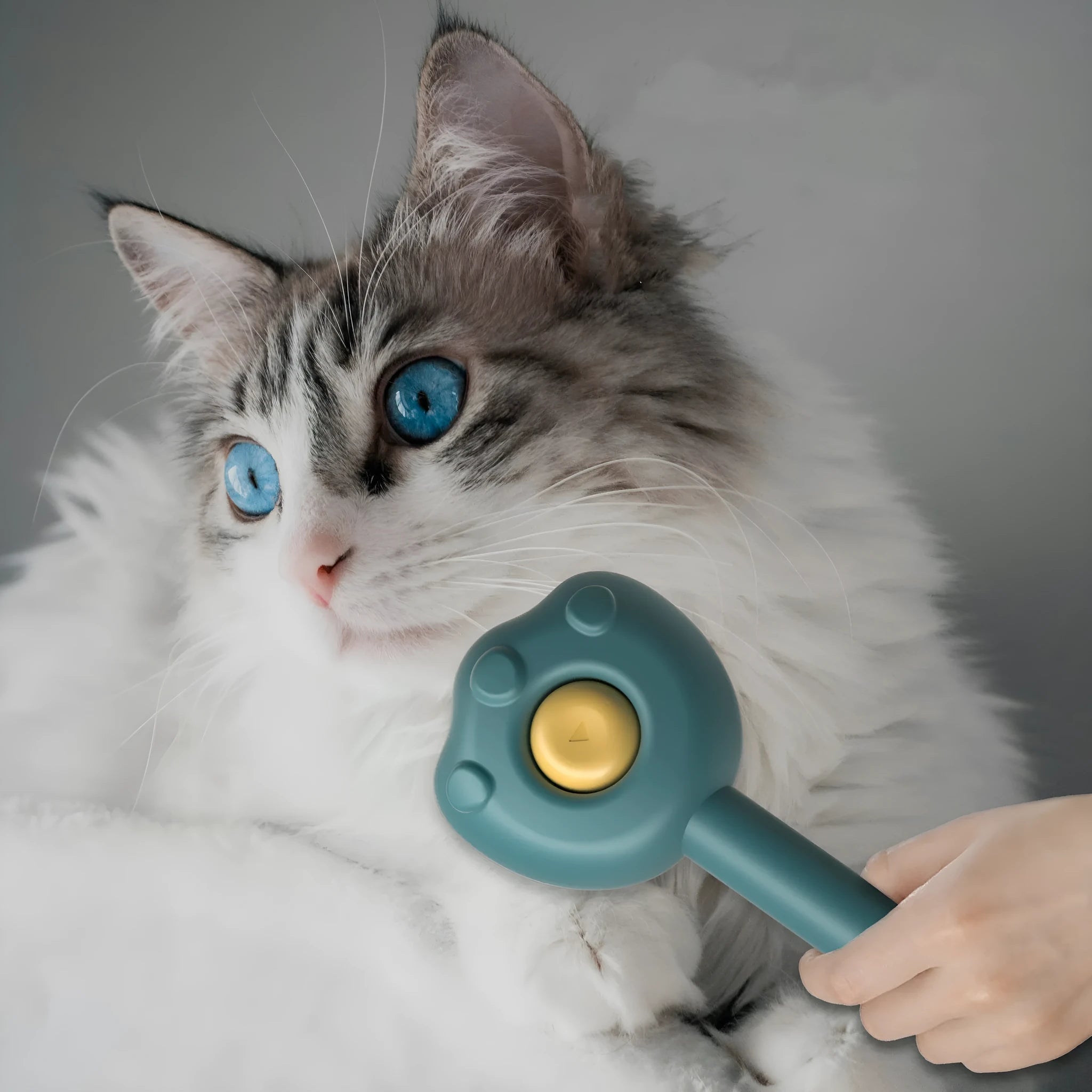 Blue self-cleaning pet grooming comb for cats with push-button mechanism and ergonomic handle