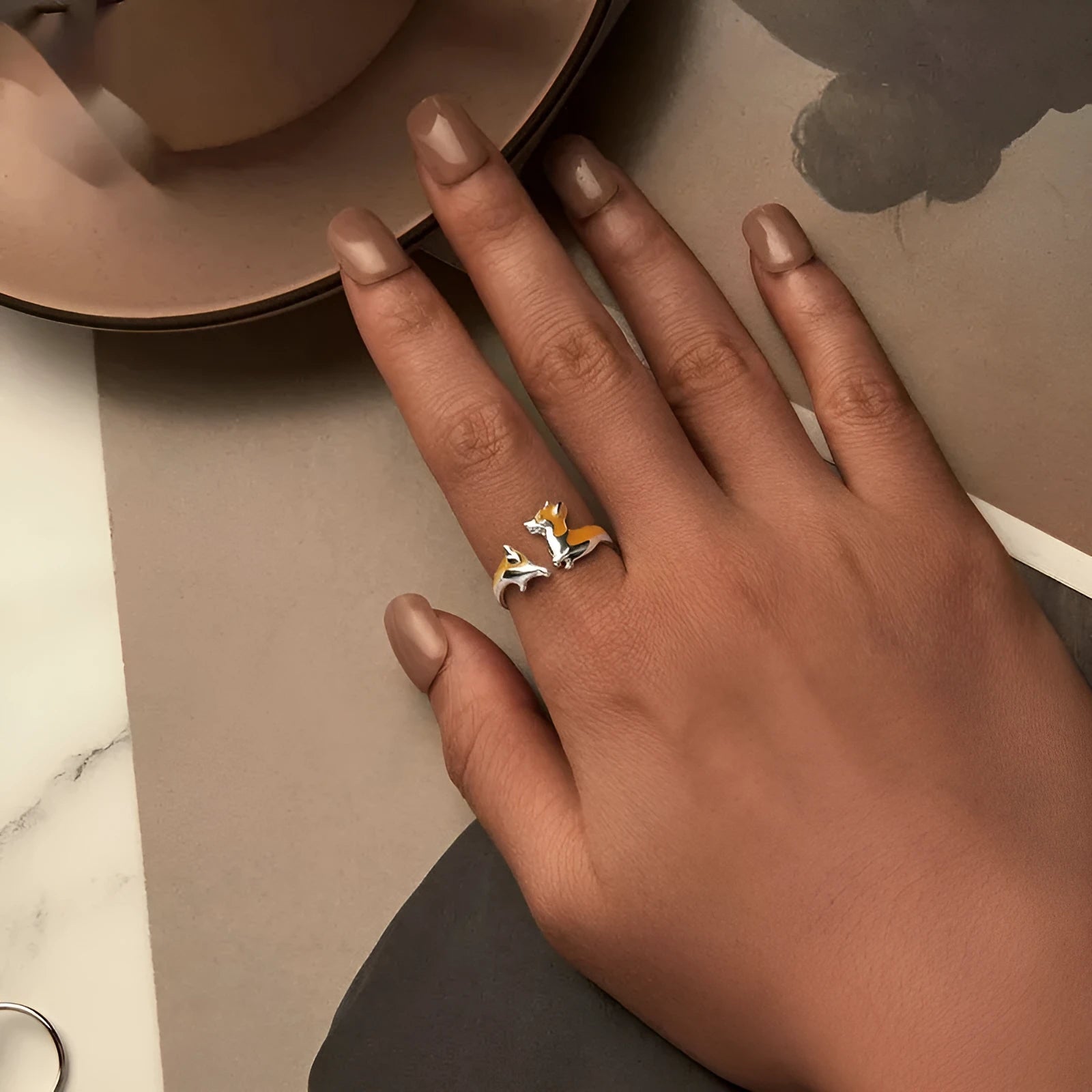 Cartoon Corgi dog design silver plated ring for women with electroplated SCR1014-E finish