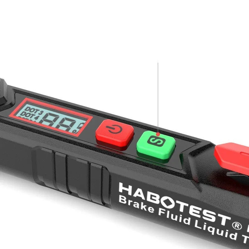 Digital brake fluid tester with display screen, batteries, and colour box packaging