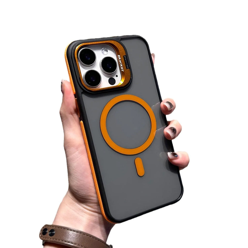 Non-slip transparent magnetic bracket phone case for iPhone showing hidden stand and anti-fingerprint finish
